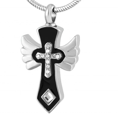 Stainless Steel Gifts Unique Designs Wing Crystal Cross Memorial Ashes Pendant Necklace