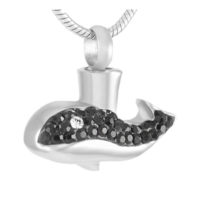 Black Crystal Whale Stainless Steel Cremation Pendant for Men's Memorial Urn Necklace