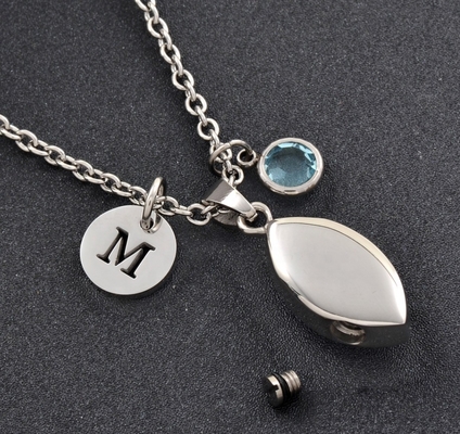 Leaf-shaped Cremation Jewelry Necklace with Chrysanthemum Engraving and Birthstone OEM/ODM