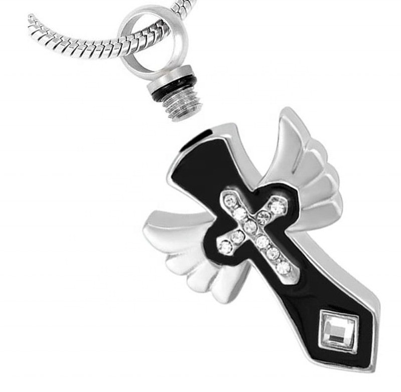 Stainless Steel Gifts Unique Designs Wing Crystal Cross Memorial Ashes Pendant Necklace