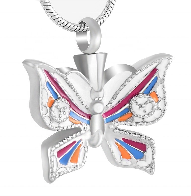 CNC Inlay Technology Stainless Steel Multicolor Butterfly Cremation Keepsake Necklace